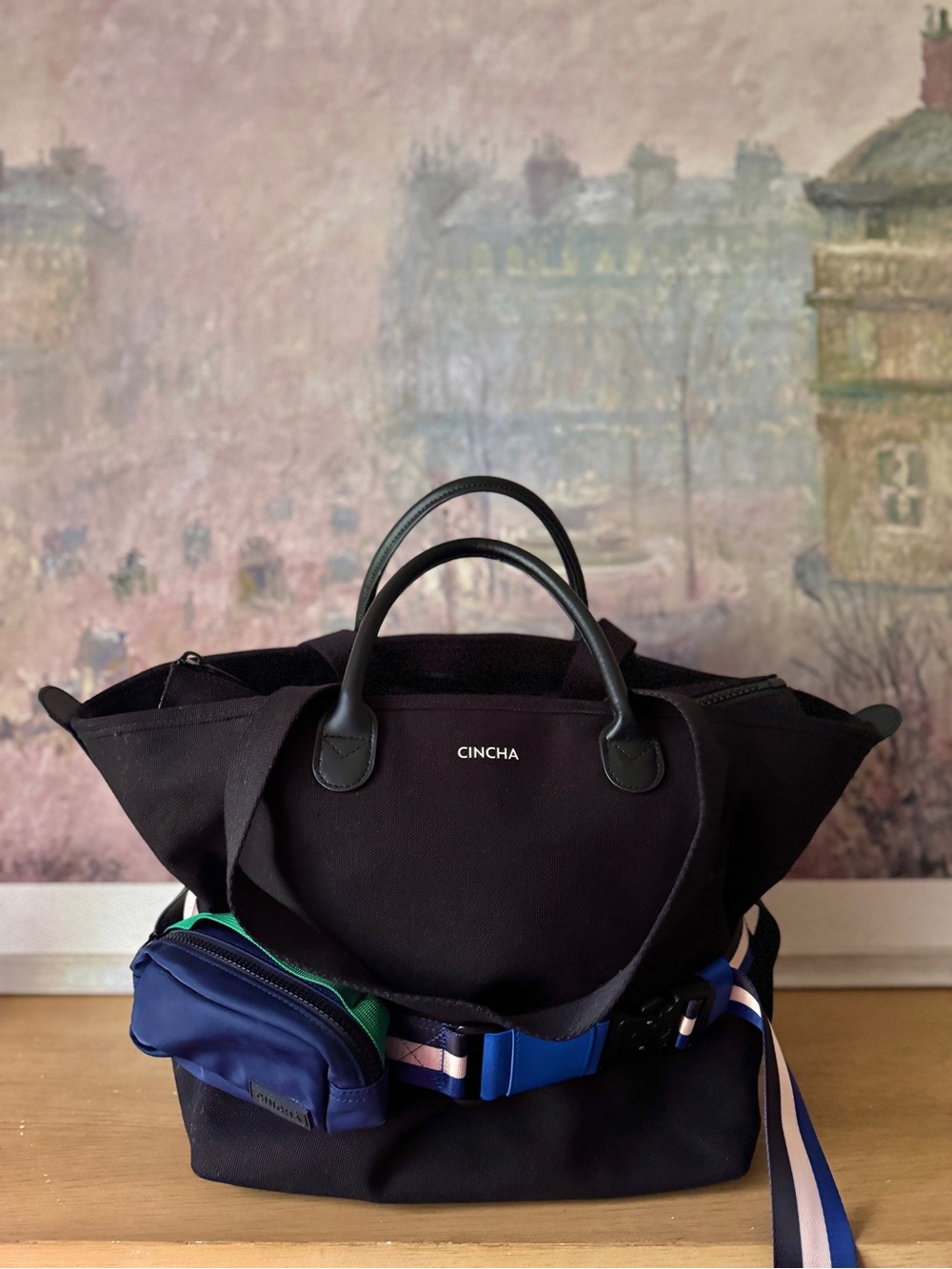 CINCHA Black Canvas Go-Tote Jet + Navy Pouch + Striped Belt - Mint Condition